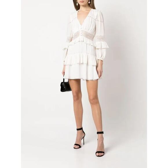 EUC Cinq à Sept Sanya Dress Ivory 100% Silk Tiered Mini Dress Size 6 Ruffle Lace - Picture 10 of 16